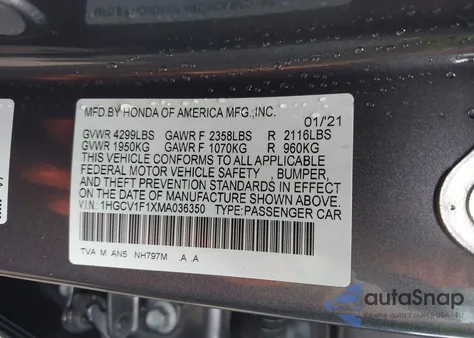 2021 Honda Accord Lx z USA, uszkodzony, nr VIN 1HGCV1F1XMA036350